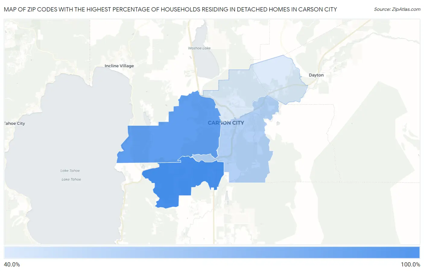 Zip Codes with the Highest Percentage of Households Residing in Detached Homes in Carson City Map