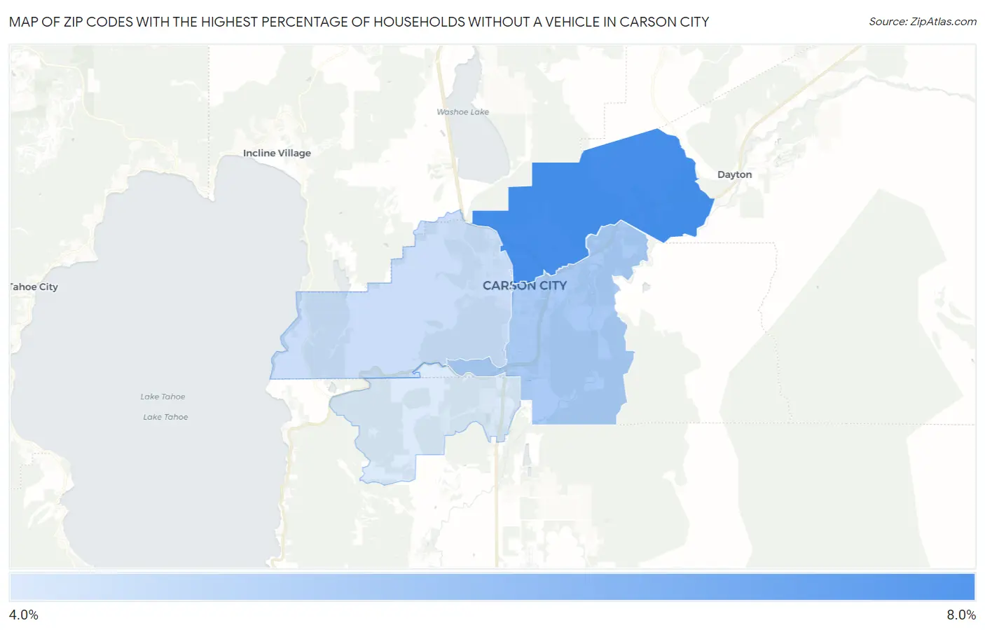 Zip Codes with the Highest Percentage of Households Without a Vehicle in Carson City Map