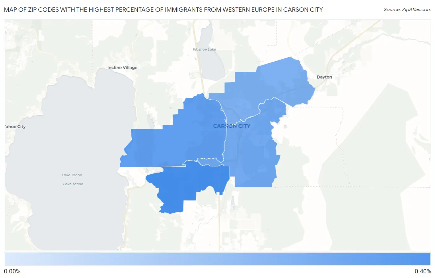 Zip Codes with the Highest Percentage of Immigrants from Western Europe in Carson City Map