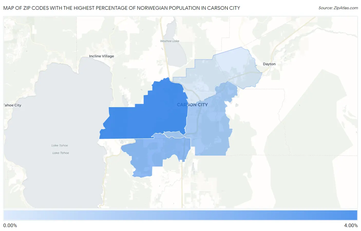 Zip Codes with the Highest Percentage of Norwegian Population in Carson City Map