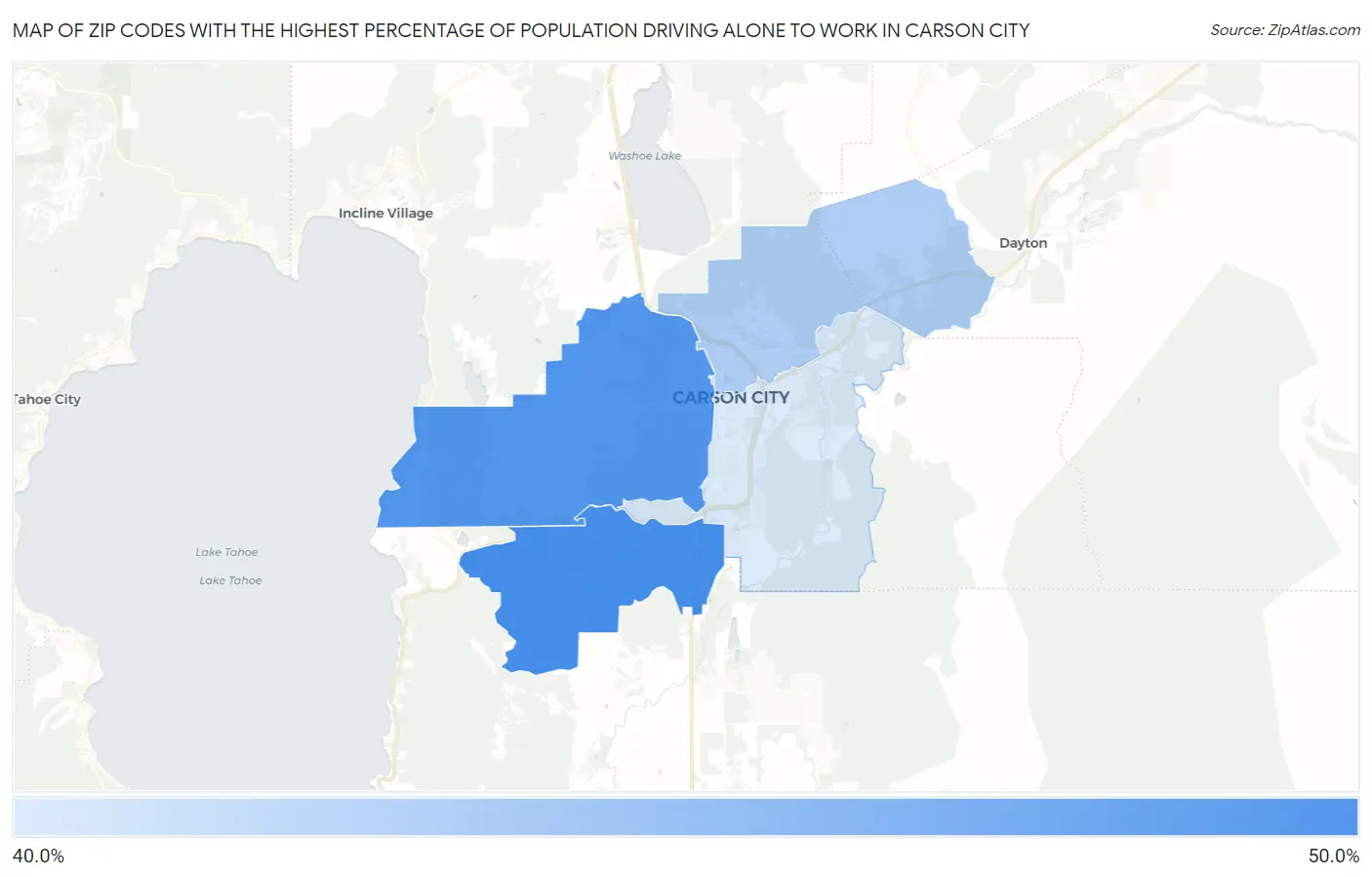 Zip Codes with the Highest Percentage of Population Driving Alone to Work in Carson City Map