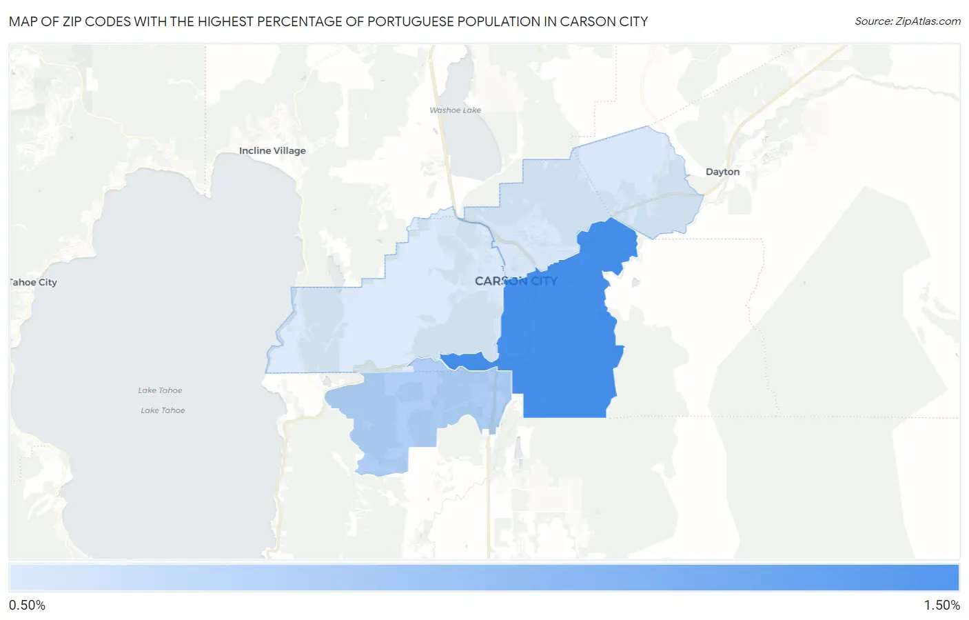 Zip Codes with the Highest Percentage of Portuguese Population in Carson City Map