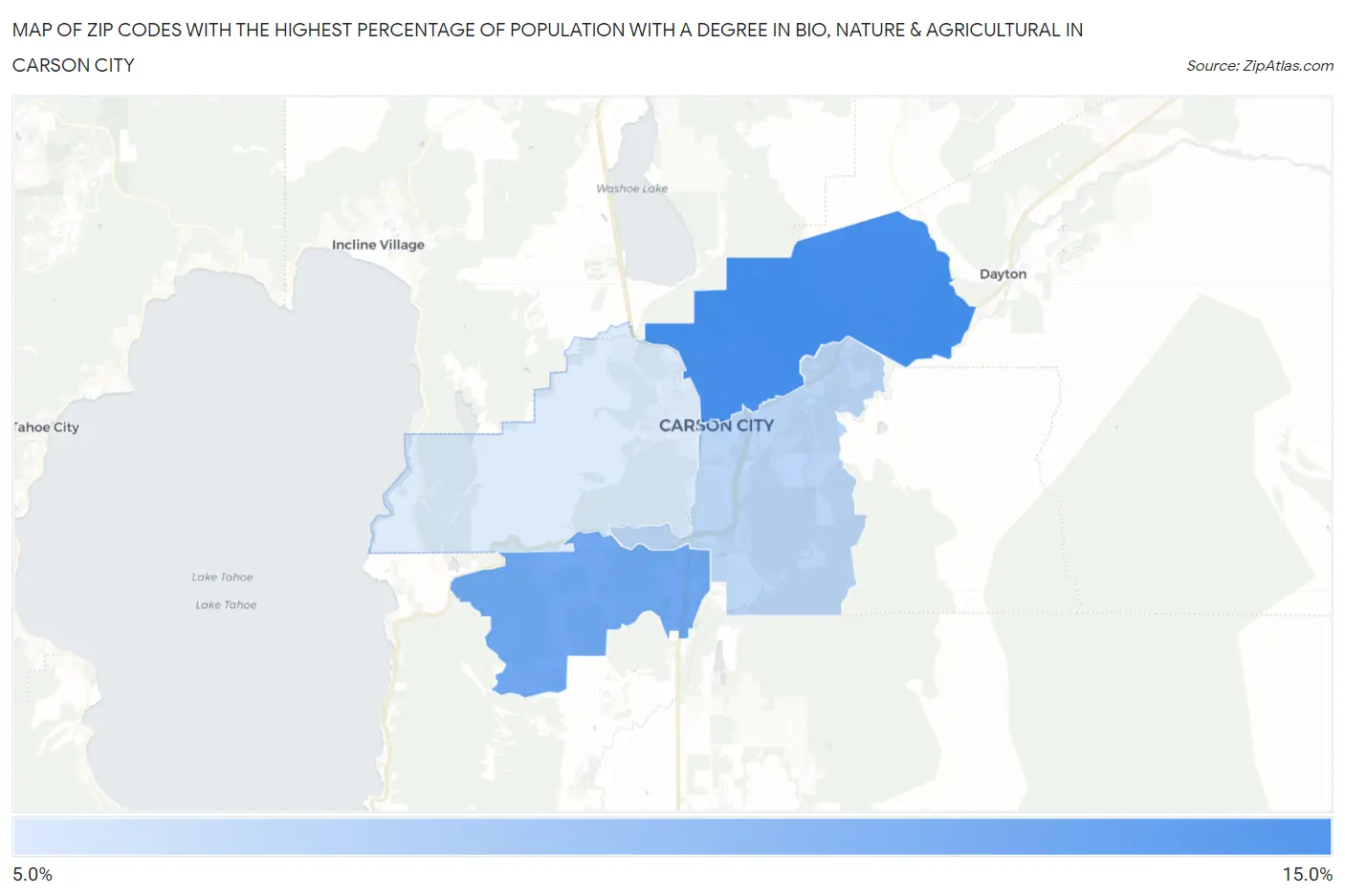 Zip Codes with the Highest Percentage of Population with a Degree in Bio, Nature & Agricultural in Carson City Map