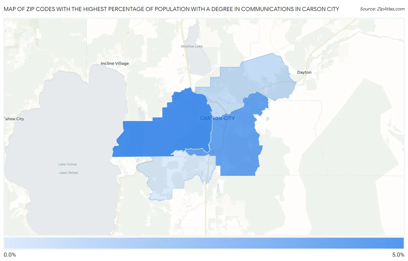 Zip Codes with the Highest Percentage of Population with a Degree in Communications in Carson City Map