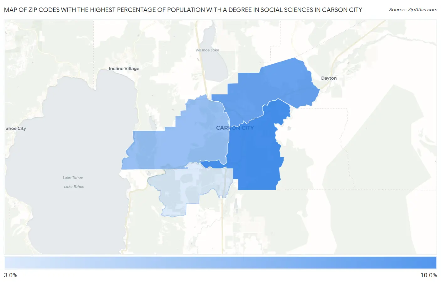 Zip Codes with the Highest Percentage of Population with a Degree in Social Sciences in Carson City Map