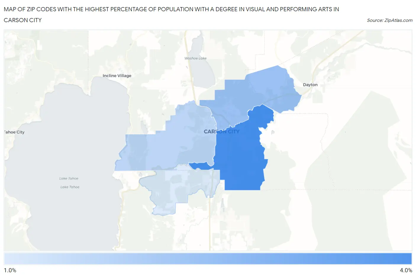 Zip Codes with the Highest Percentage of Population with a Degree in Visual and Performing Arts in Carson City Map
