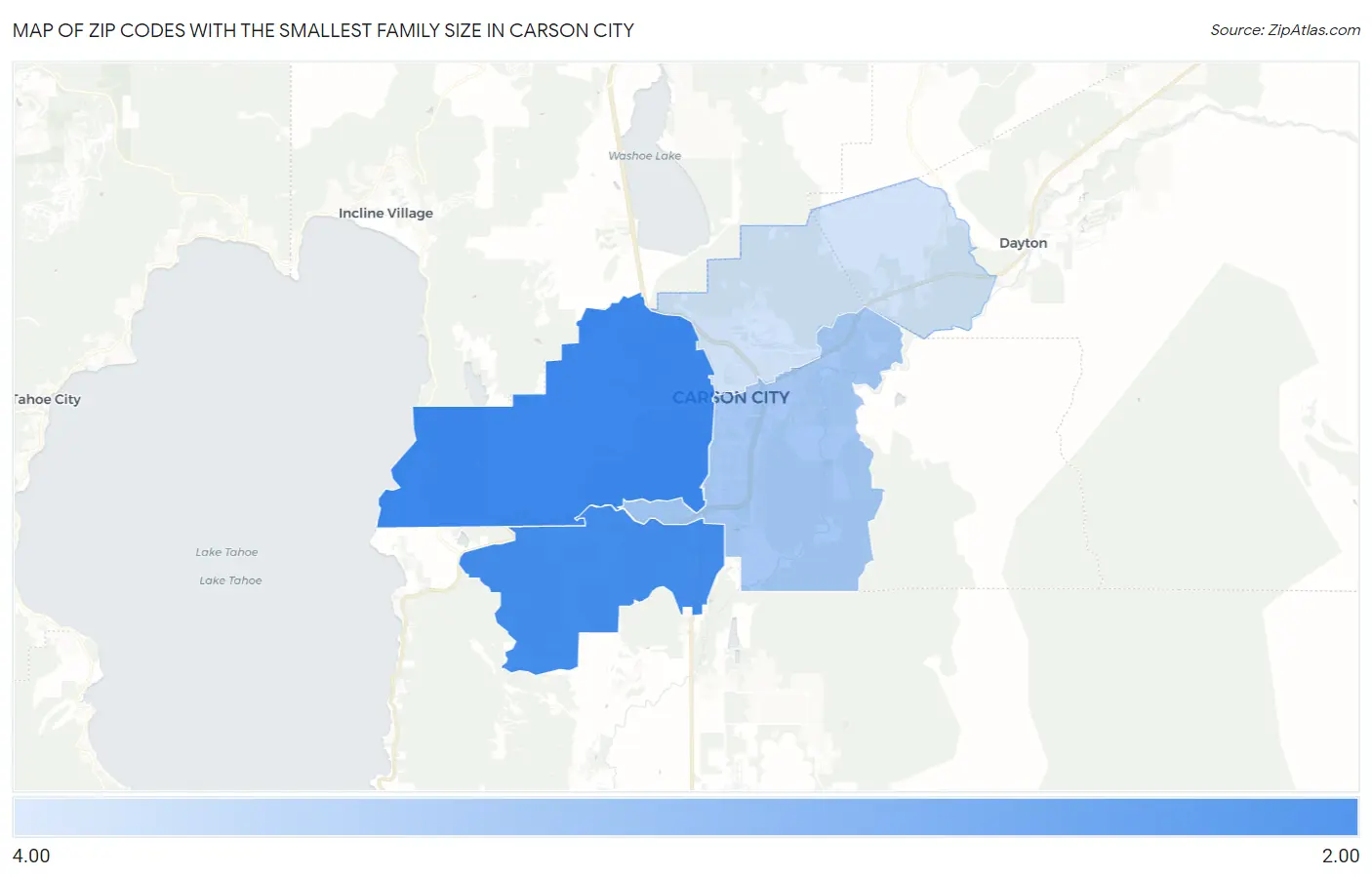 Zip Codes with the Smallest Family Size in Carson City Map