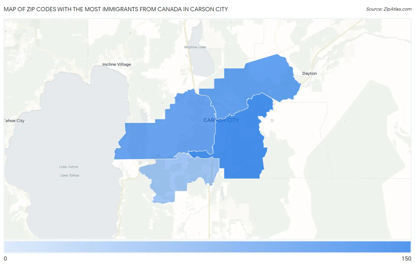 Zip Codes with the Most Immigrants from Canada in Carson City Map