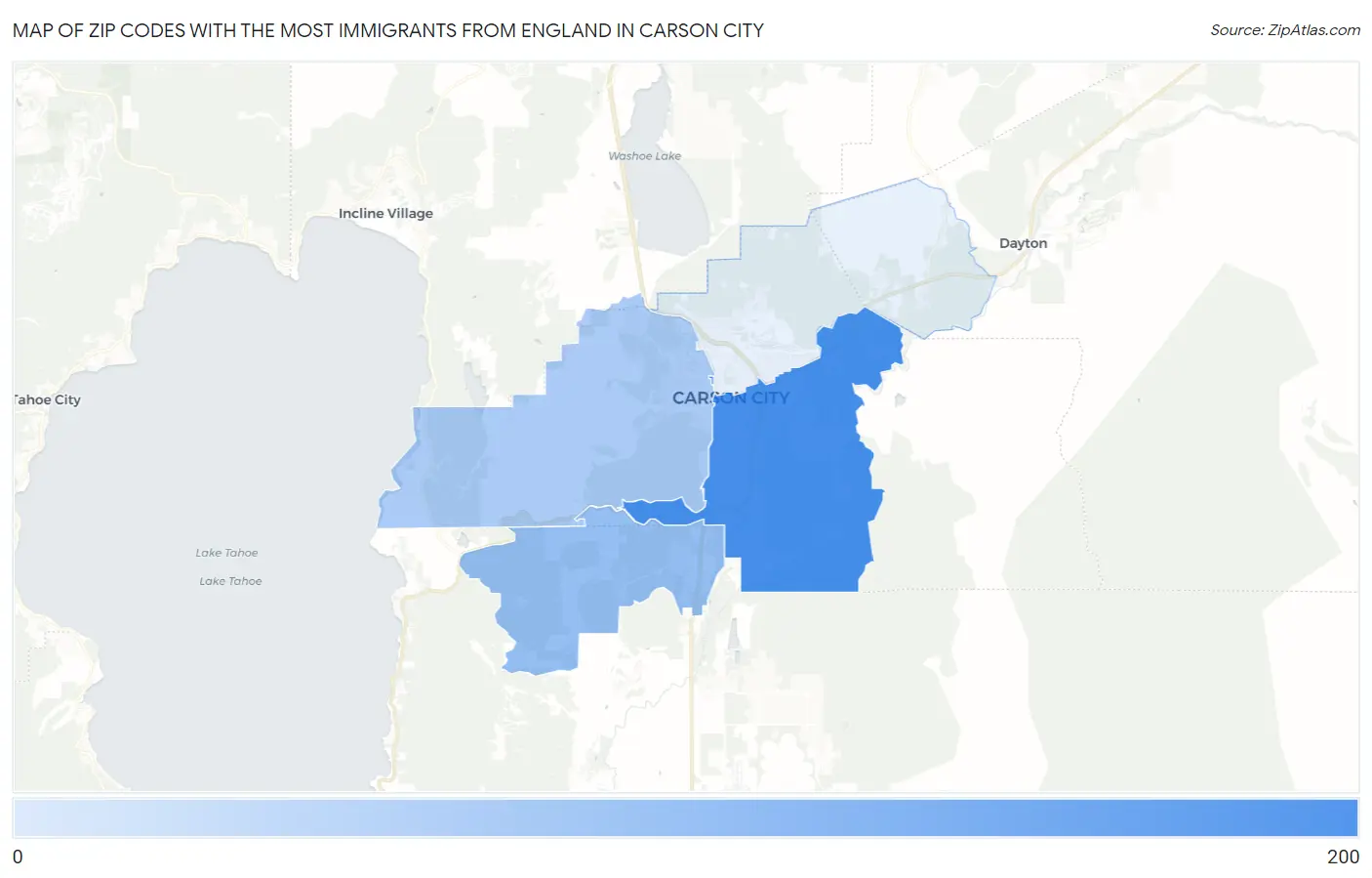 Zip Codes with the Most Immigrants from England in Carson City Map