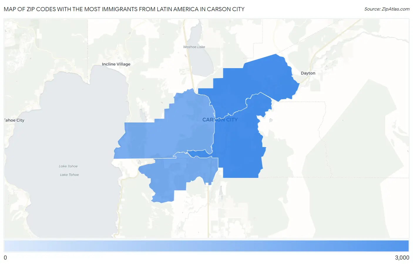Zip Codes with the Most Immigrants from Latin America in Carson City Map