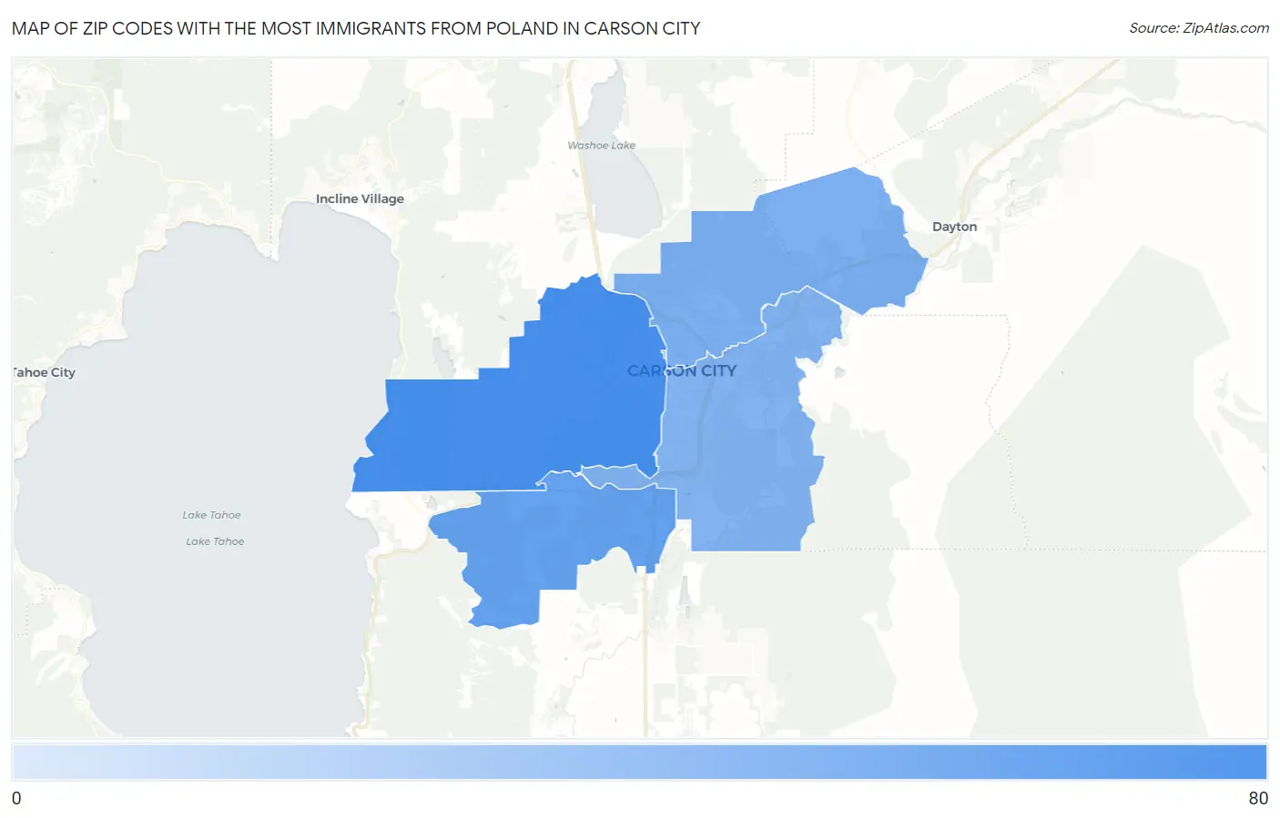 Zip Codes with the Most Immigrants from Poland in Carson City Map
