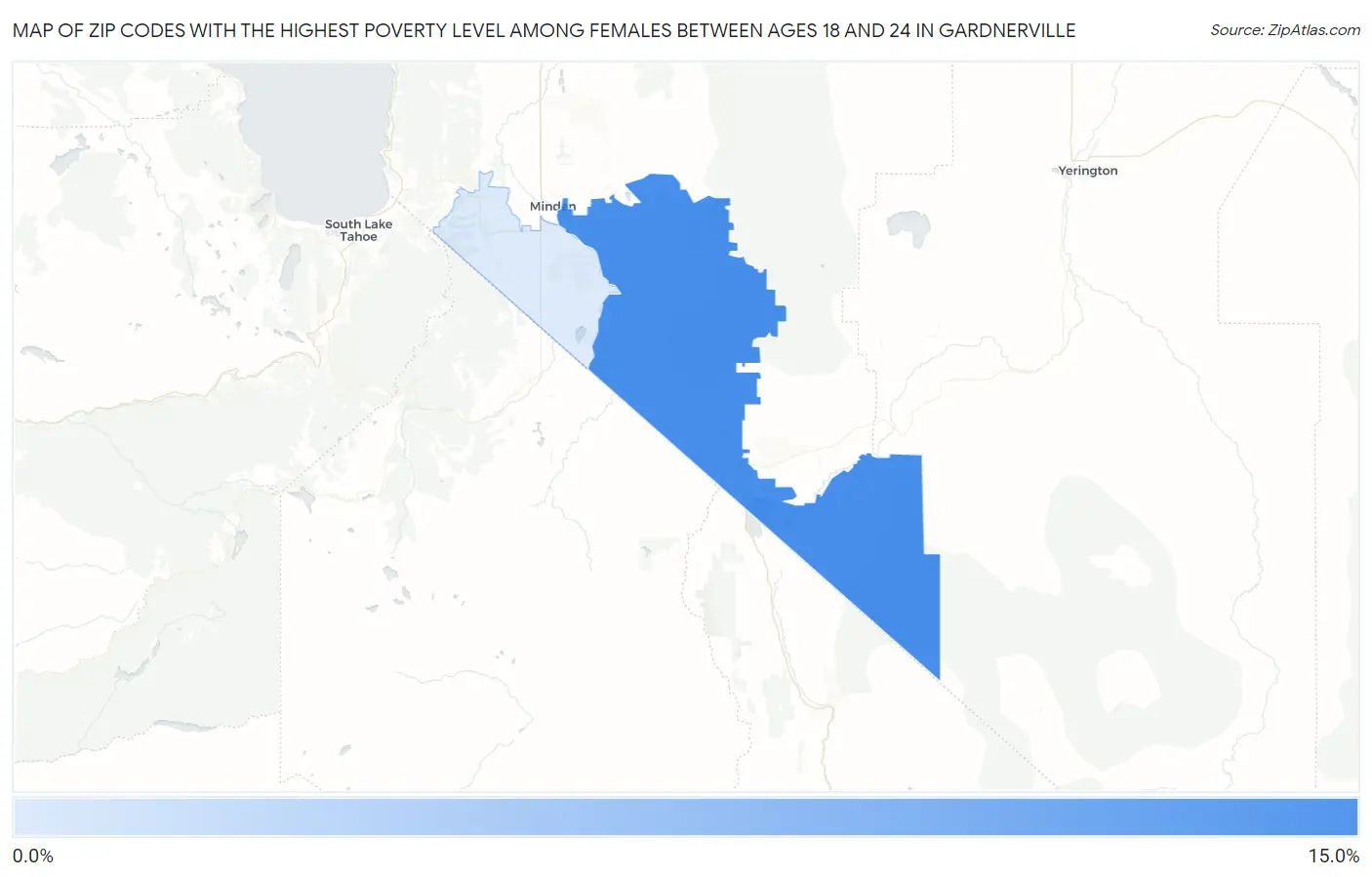 Zip Codes with the Highest Poverty Level Among Females Between Ages 18 and 24 in Gardnerville Map