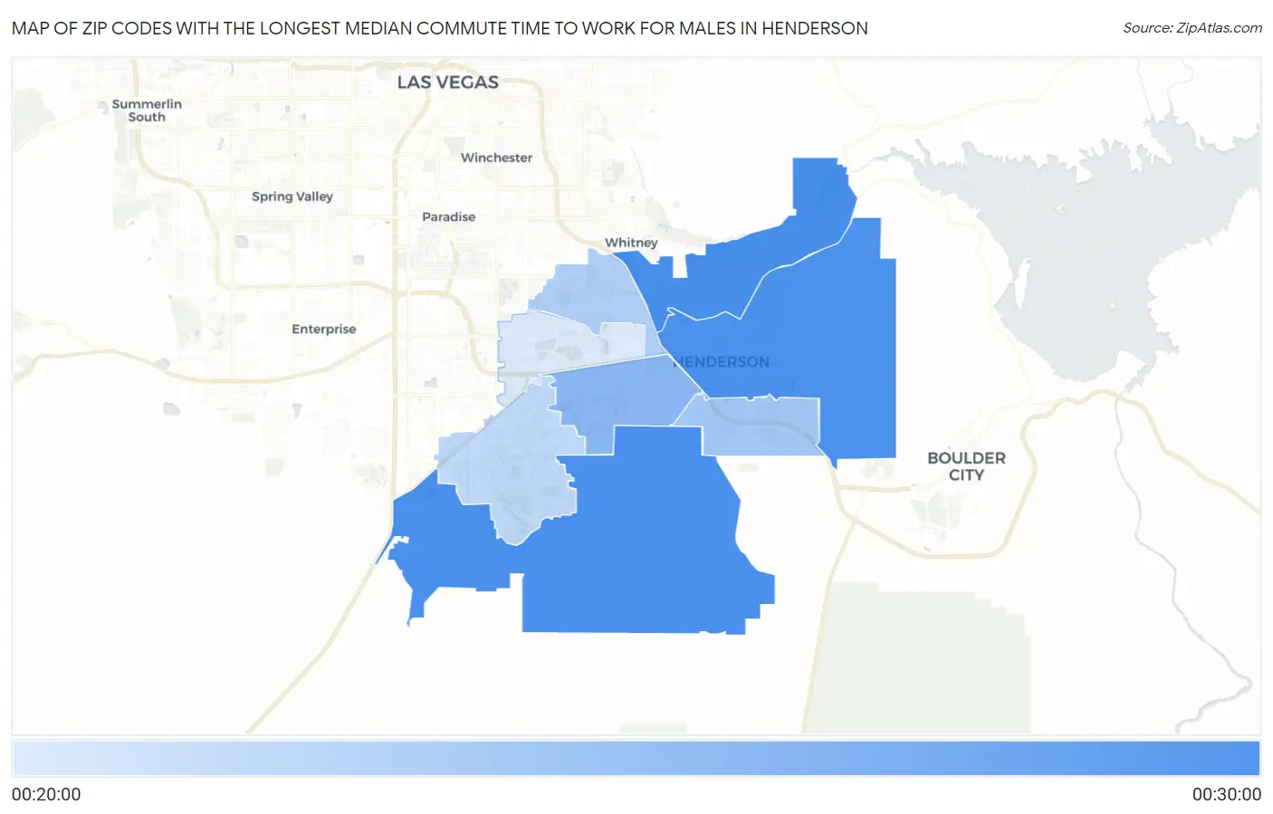 Zip Codes with the Longest Median Commute Time to Work for Males in Henderson Map