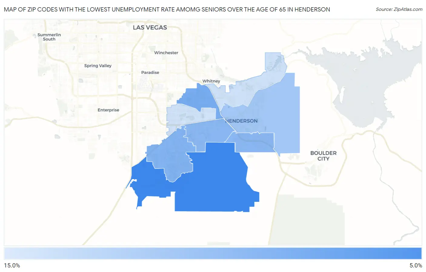 Zip Codes with the Lowest Unemployment Rate Amomg Seniors Over the Age of 65 in Henderson Map
