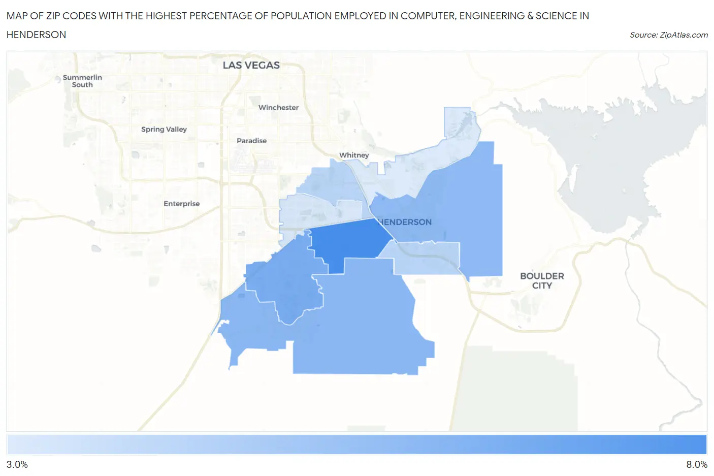 Zip Codes with the Highest Percentage of Population Employed in Computer, Engineering & Science in Henderson Map