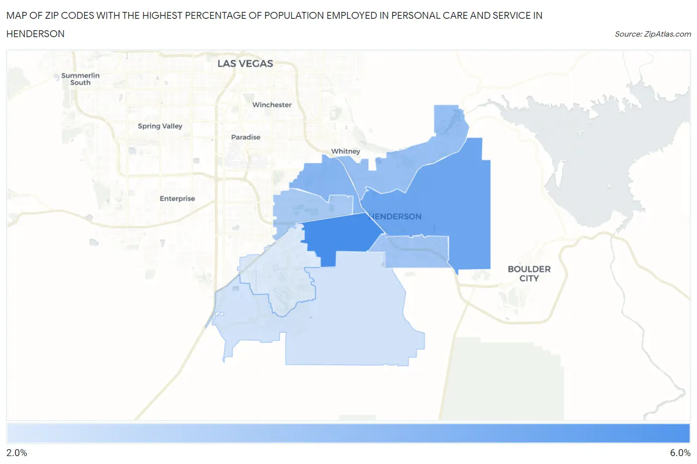 Zip Codes with the Highest Percentage of Population Employed in Personal Care and Service in Henderson Map