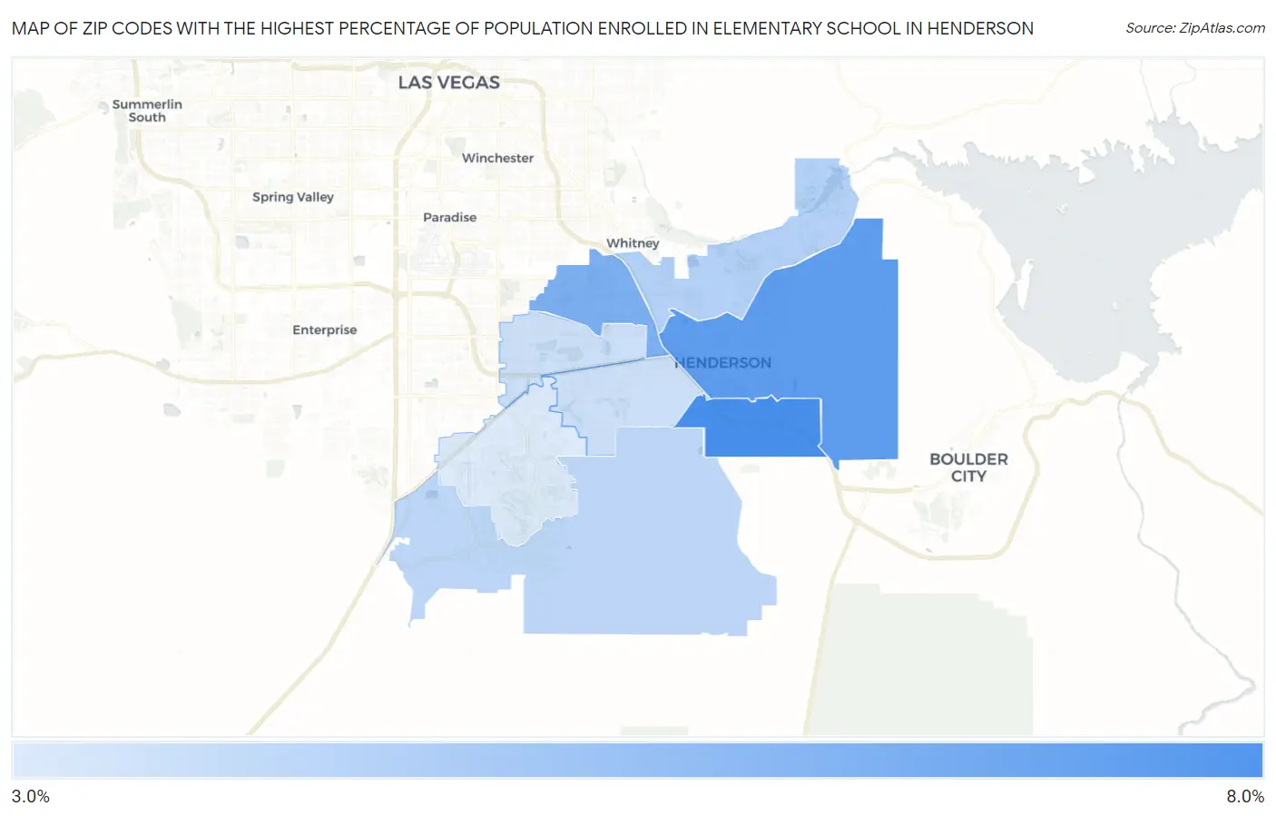 Zip Codes with the Highest Percentage of Population Enrolled in Elementary School in Henderson Map