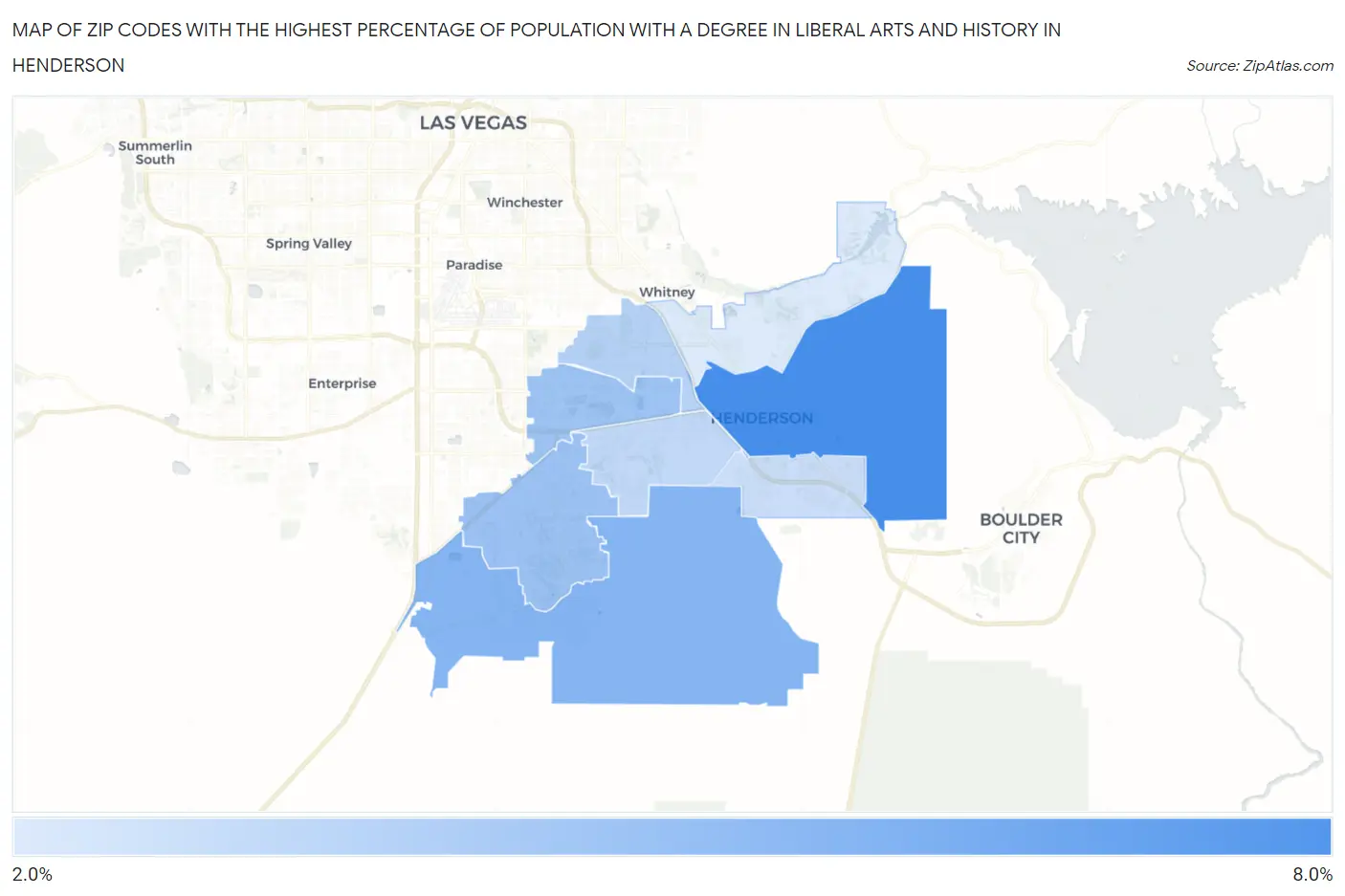 Zip Codes with the Highest Percentage of Population with a Degree in Liberal Arts and History in Henderson Map