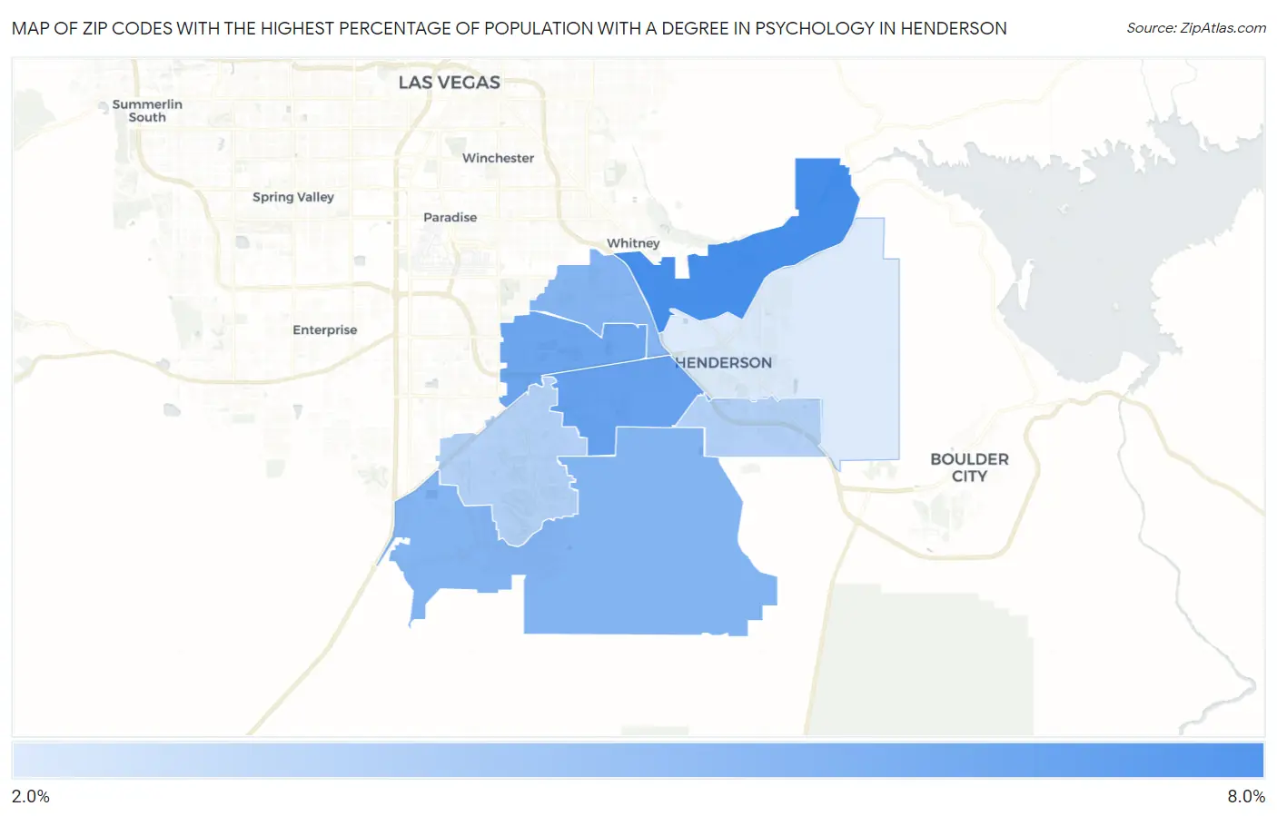Zip Codes with the Highest Percentage of Population with a Degree in Psychology in Henderson Map
