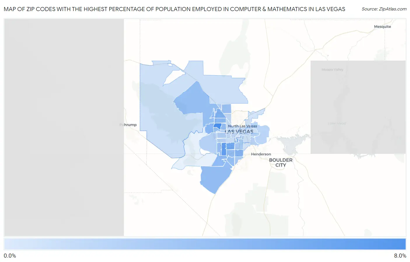 Zip Codes with the Highest Percentage of Population Employed in Computer & Mathematics in Las Vegas Map
