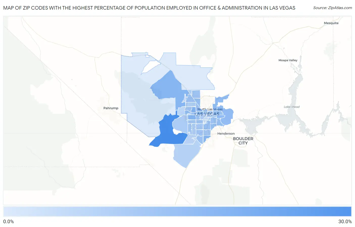 Zip Codes with the Highest Percentage of Population Employed in Office & Administration in Las Vegas Map