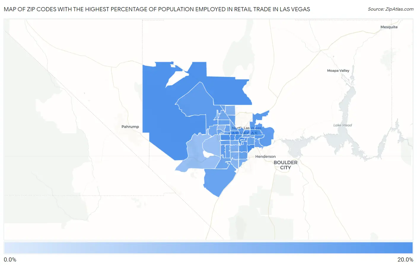 Zip Codes with the Highest Percentage of Population Employed in Retail Trade in Las Vegas Map