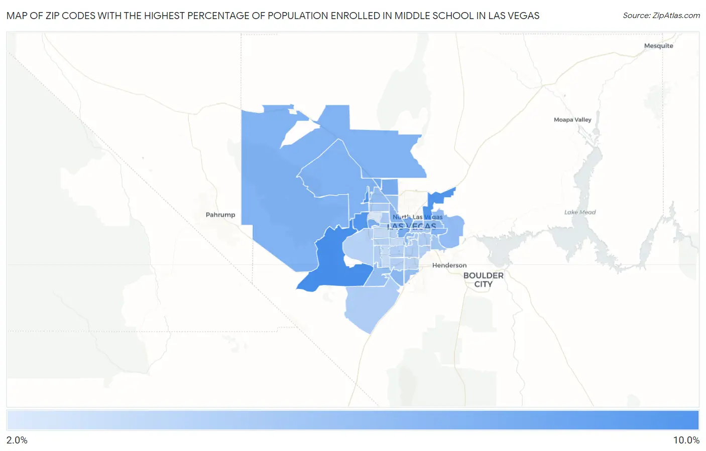 Zip Codes with the Highest Percentage of Population Enrolled in Middle School in Las Vegas Map