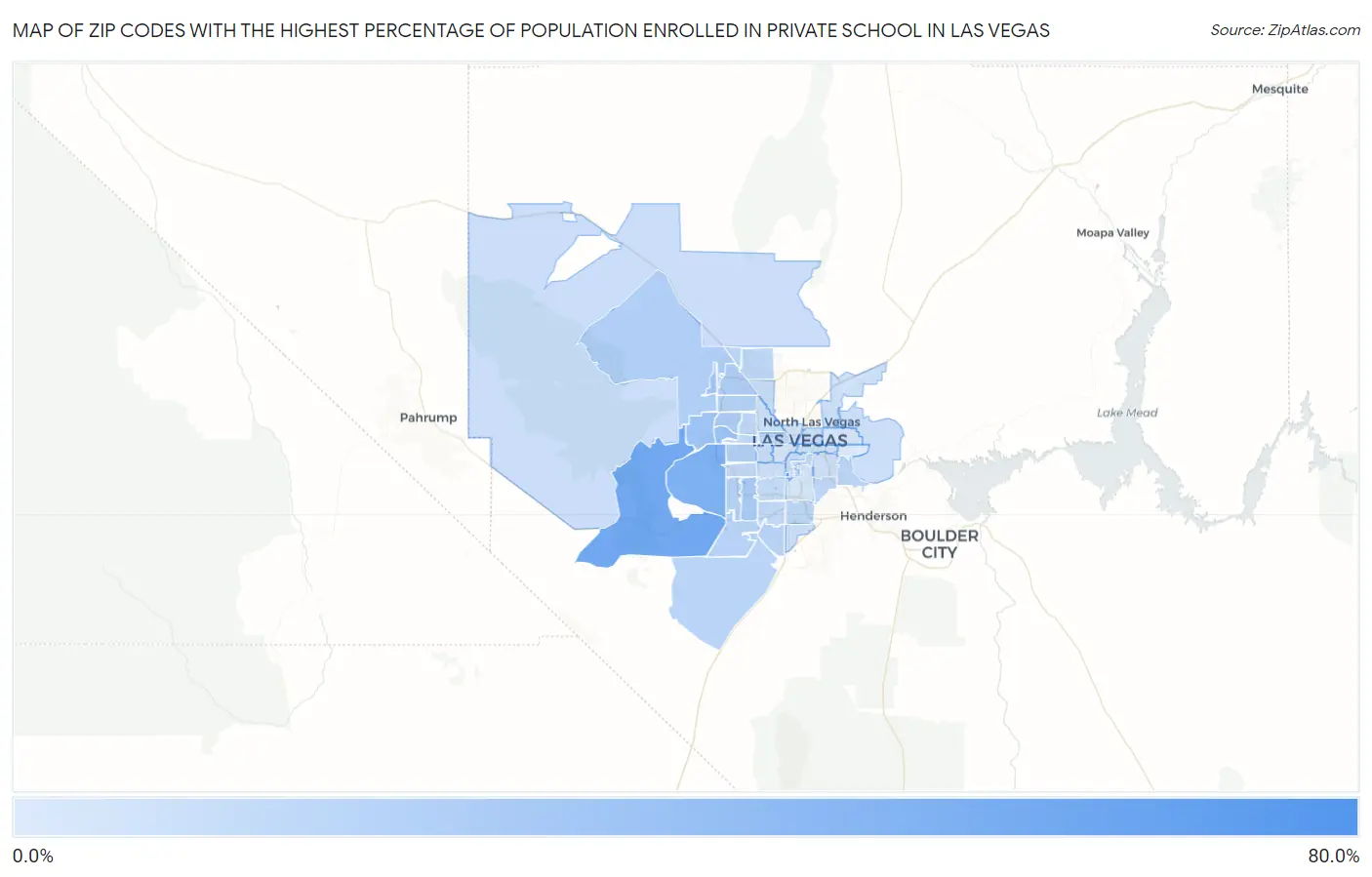 Zip Codes with the Highest Percentage of Population Enrolled in Private School in Las Vegas Map