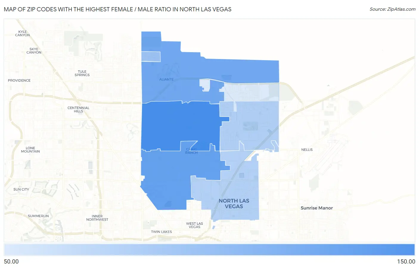 Zip Codes with the Highest Female / Male Ratio in North Las Vegas Map