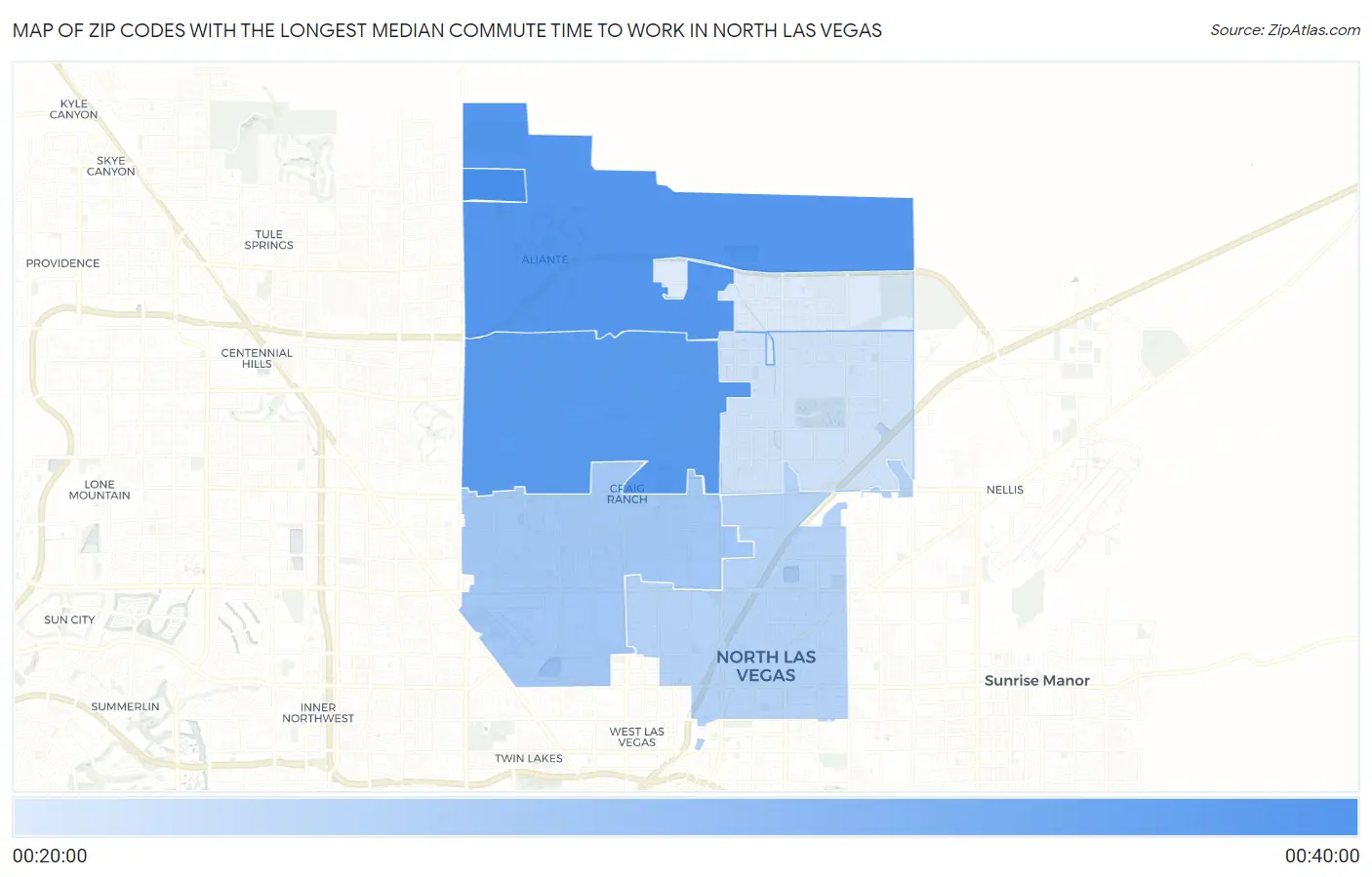 Zip Codes with the Longest Median Commute Time to Work in North Las Vegas Map