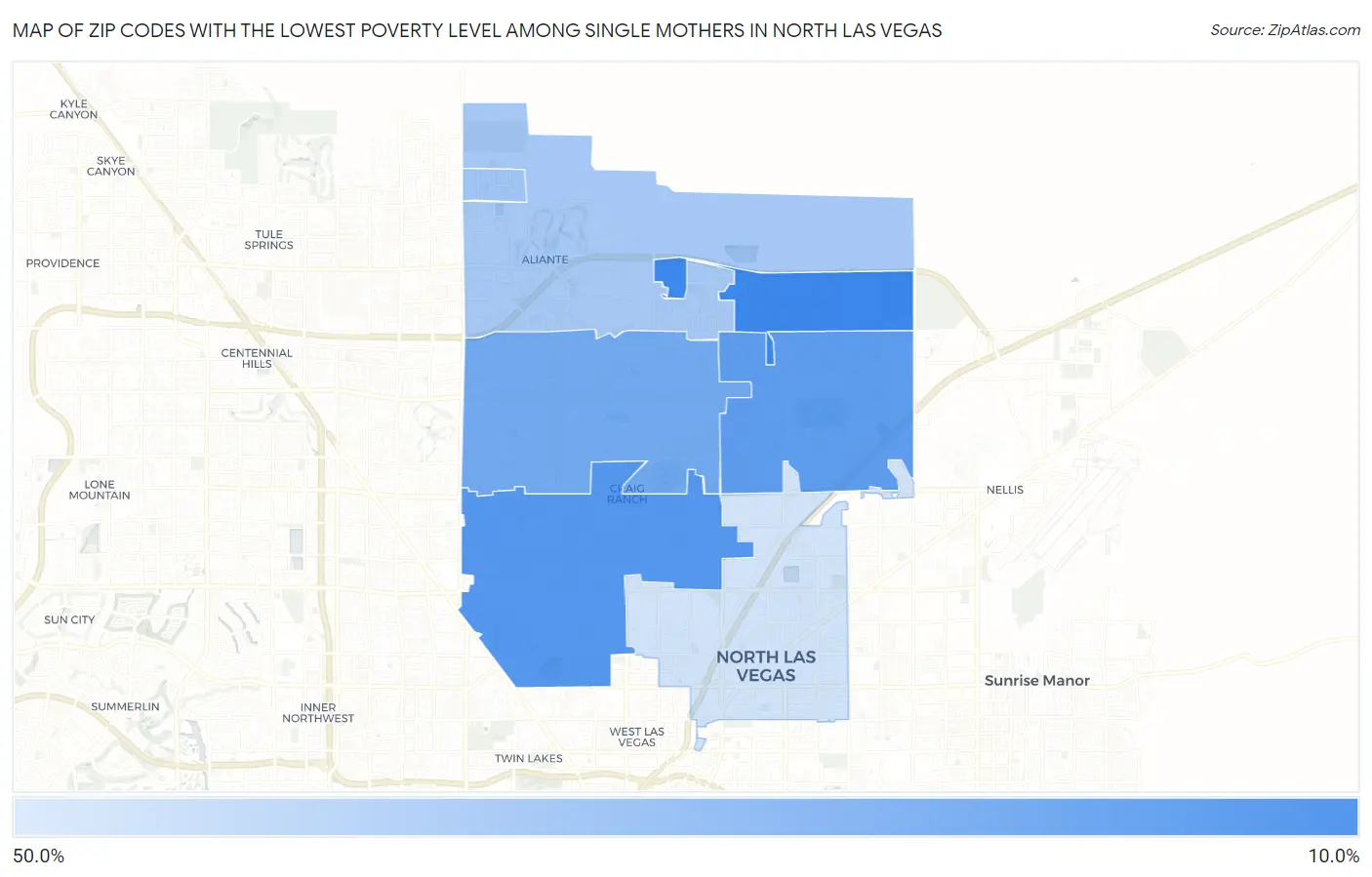Zip Codes with the Lowest Poverty Level Among Single Mothers in North Las Vegas Map