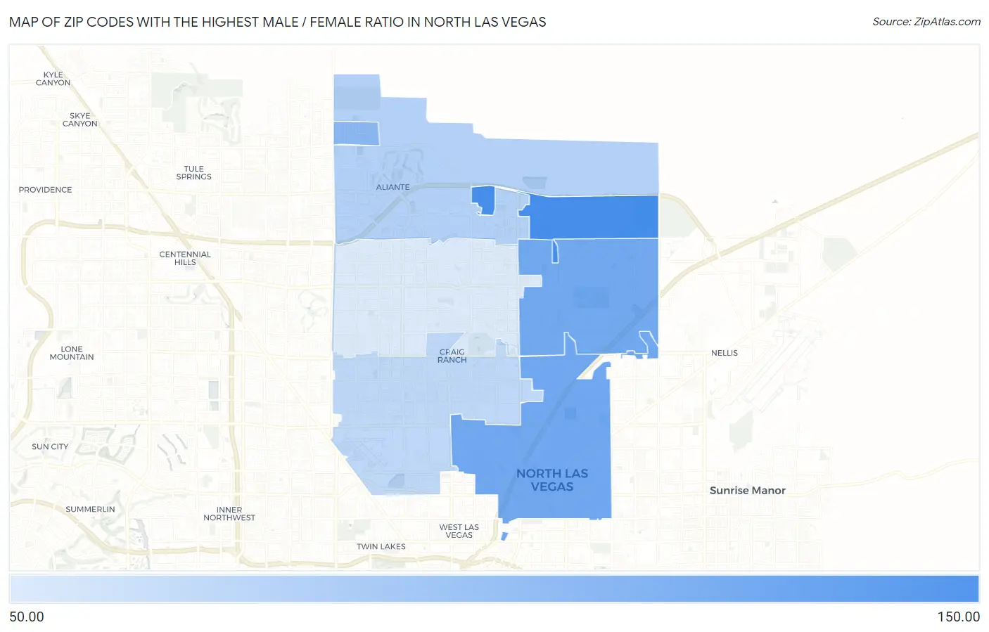 Zip Codes with the Highest Male / Female Ratio in North Las Vegas Map
