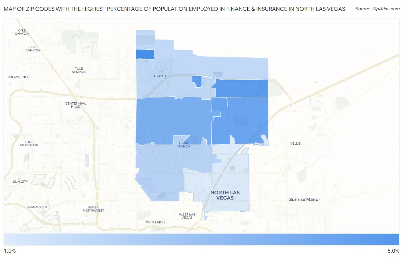 Zip Codes with the Highest Percentage of Population Employed in Finance & Insurance in North Las Vegas Map