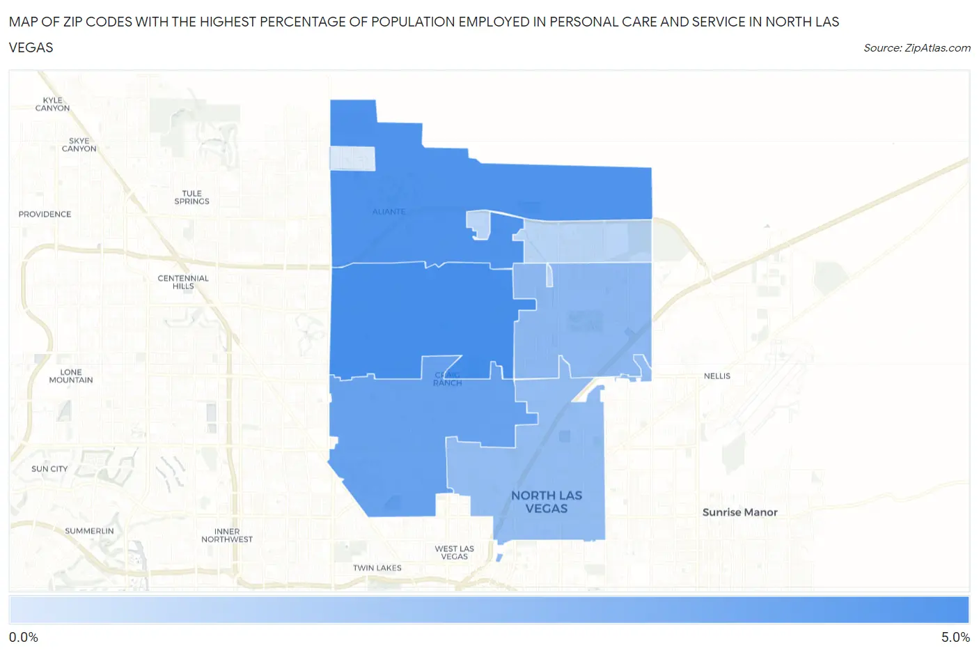 Zip Codes with the Highest Percentage of Population Employed in Personal Care and Service in North Las Vegas Map