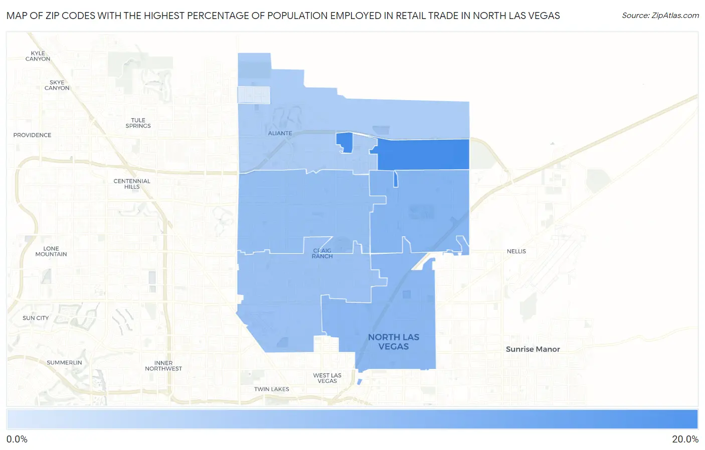 Zip Codes with the Highest Percentage of Population Employed in Retail Trade in North Las Vegas Map