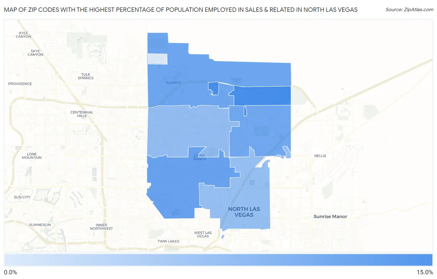 Zip Codes with the Highest Percentage of Population Employed in Sales & Related in North Las Vegas Map