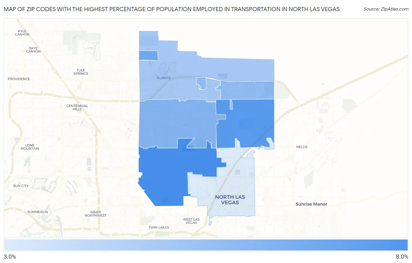 Zip Codes with the Highest Percentage of Population Employed in Transportation in North Las Vegas Map