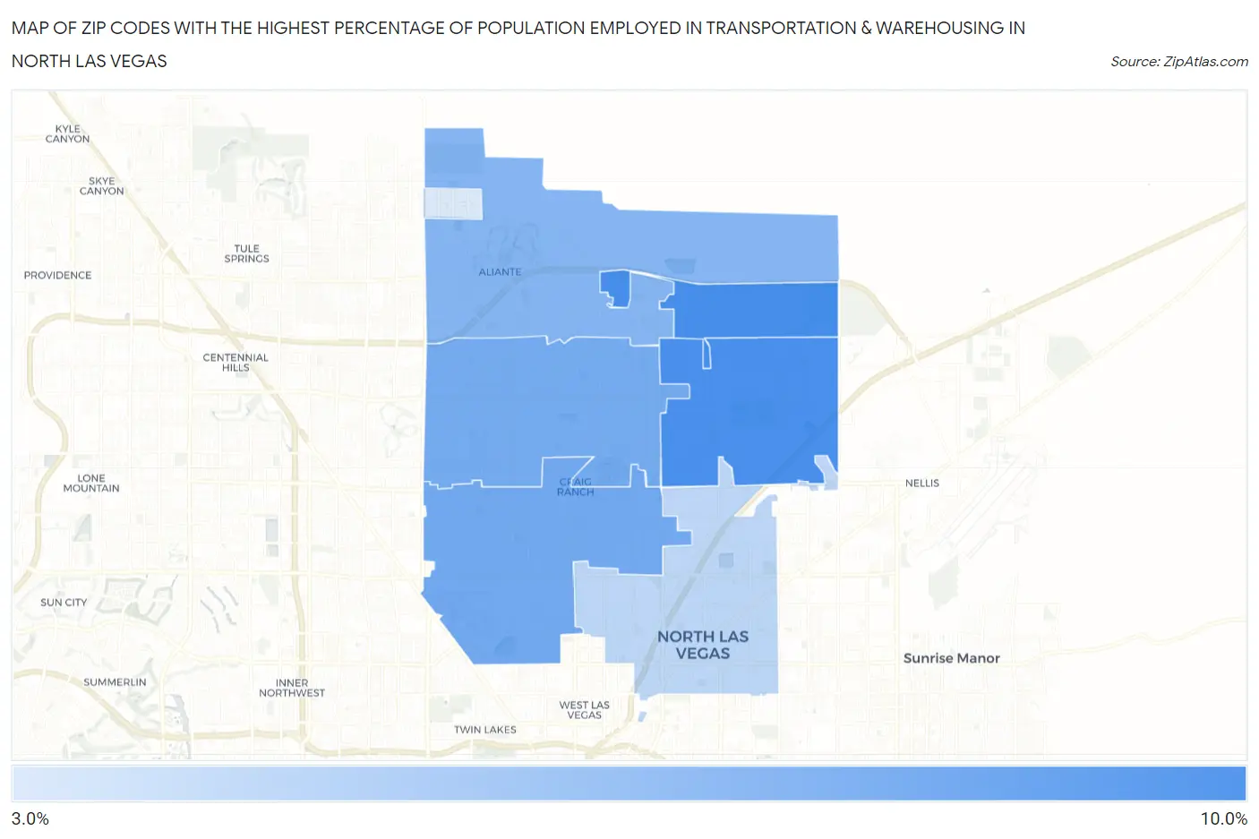 Zip Codes with the Highest Percentage of Population Employed in Transportation & Warehousing in North Las Vegas Map