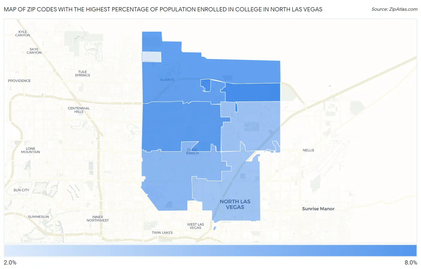 Zip Codes with the Highest Percentage of Population Enrolled in College in North Las Vegas Map