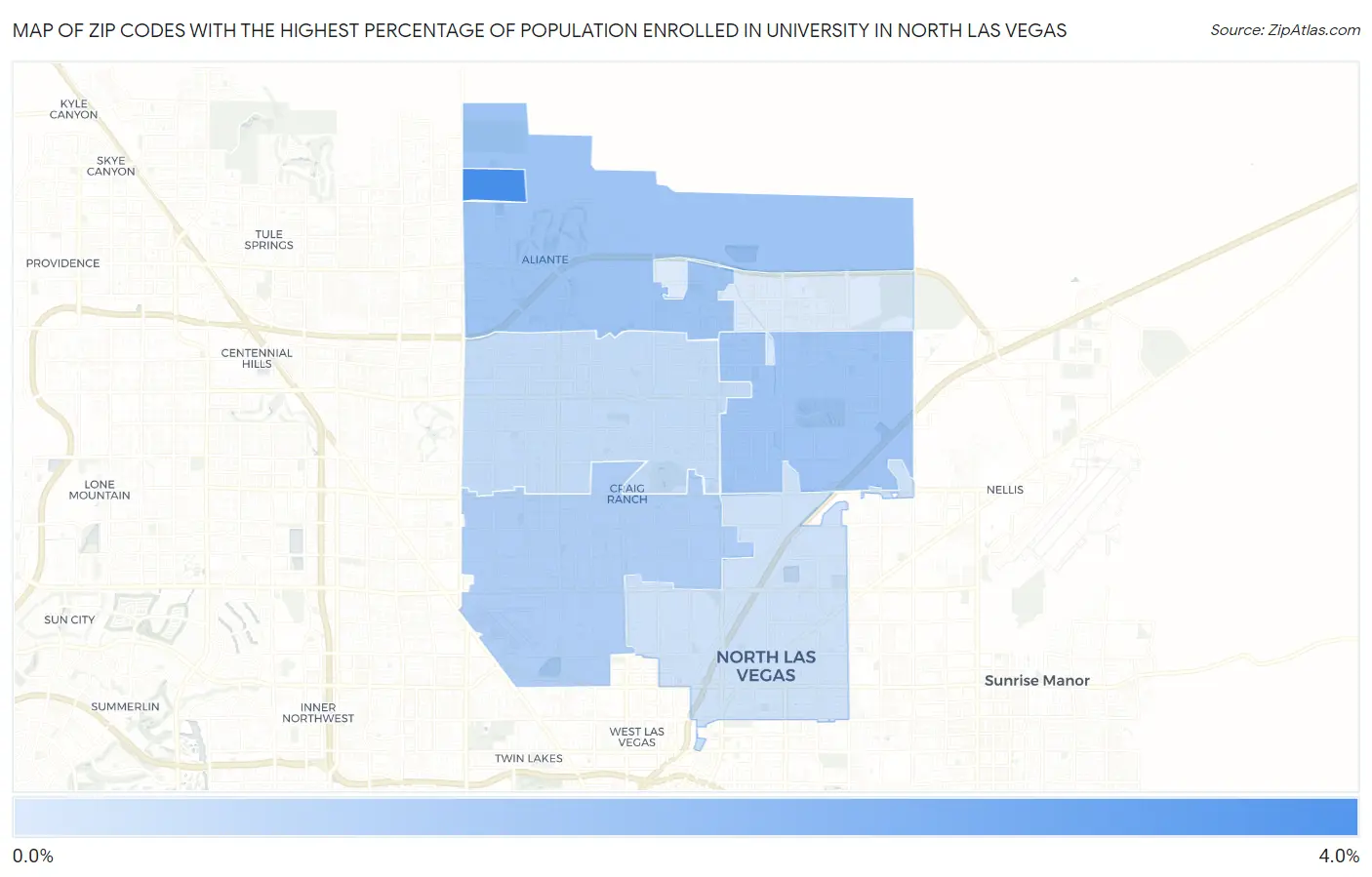 Zip Codes with the Highest Percentage of Population Enrolled in University in North Las Vegas Map