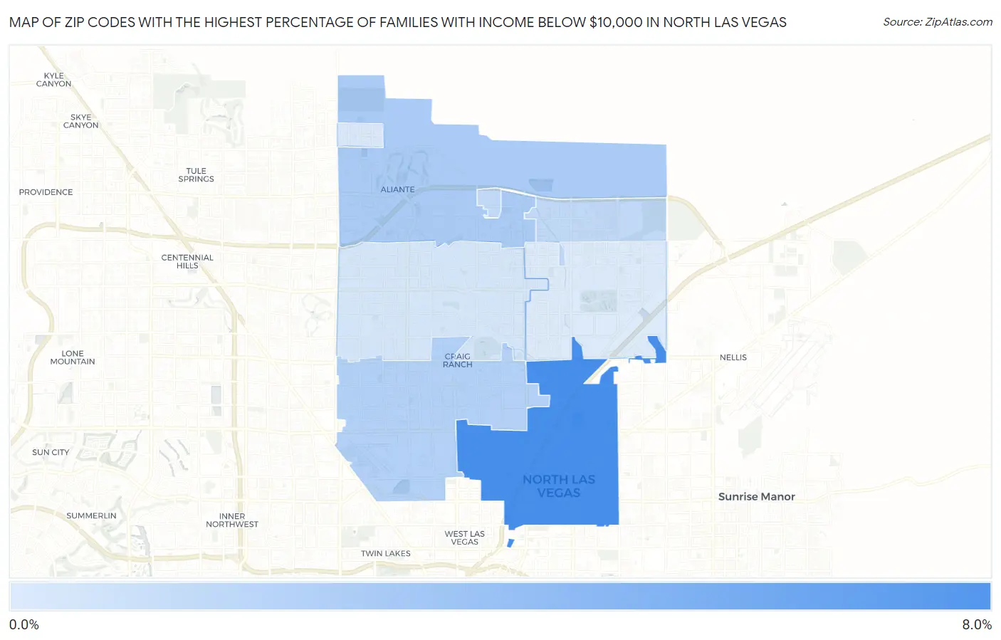 Zip Codes with the Highest Percentage of Families with Income Below $10,000 in North Las Vegas Map