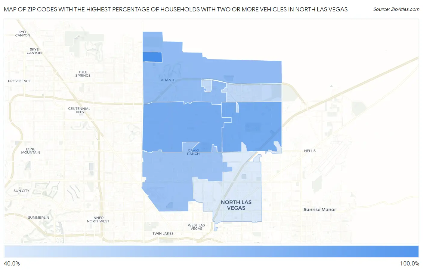 Zip Codes with the Highest Percentage of Households With Two or more Vehicles in North Las Vegas Map