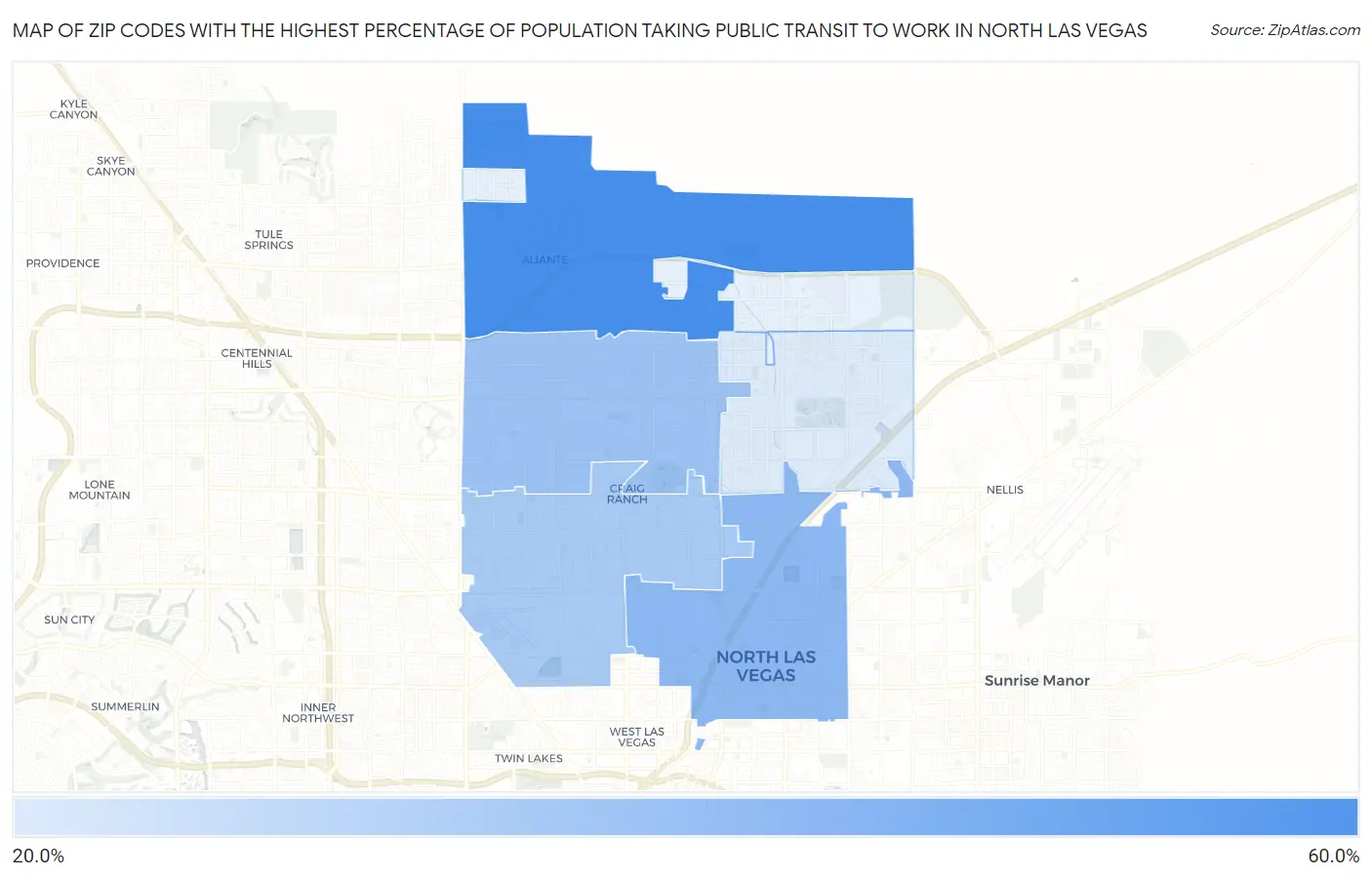 Zip Codes with the Highest Percentage of Population Taking Public Transit to Work in North Las Vegas Map