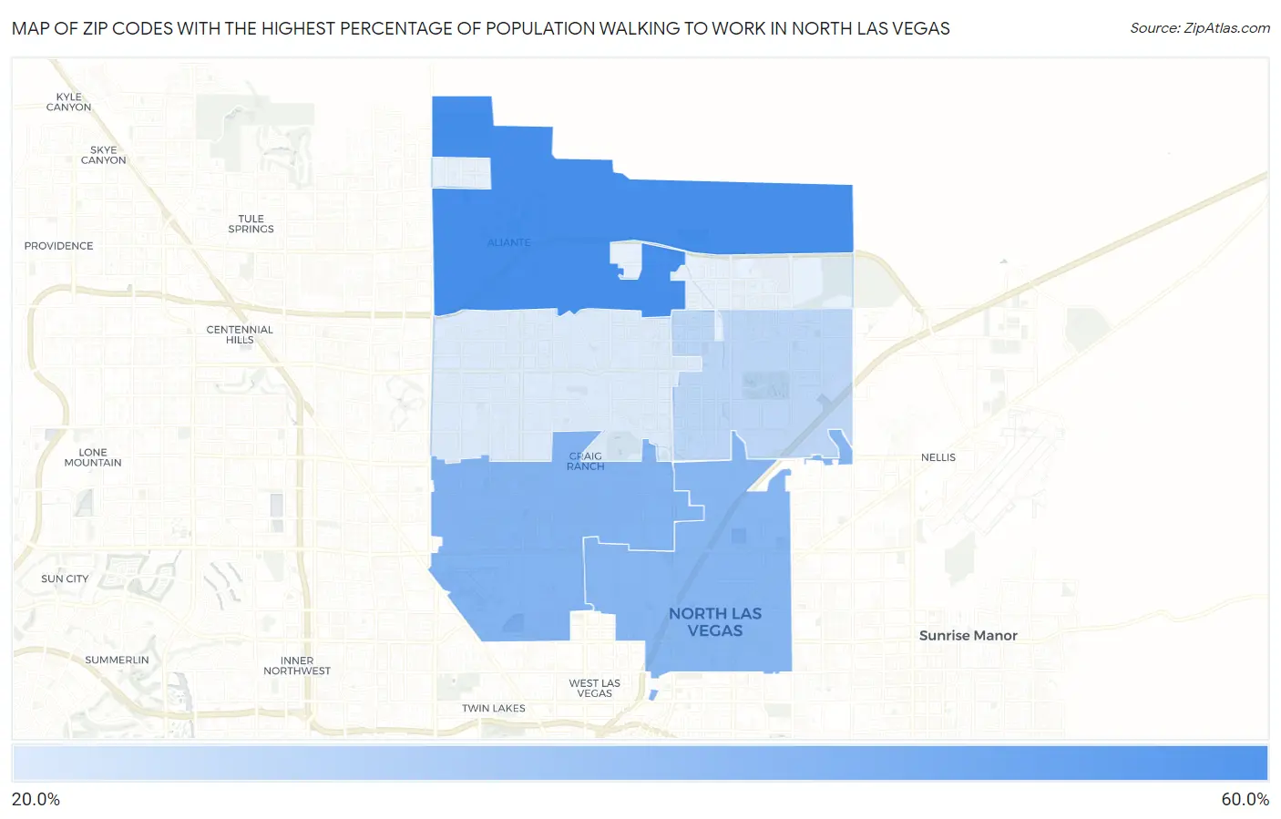 Zip Codes with the Highest Percentage of Population Walking to Work in North Las Vegas Map