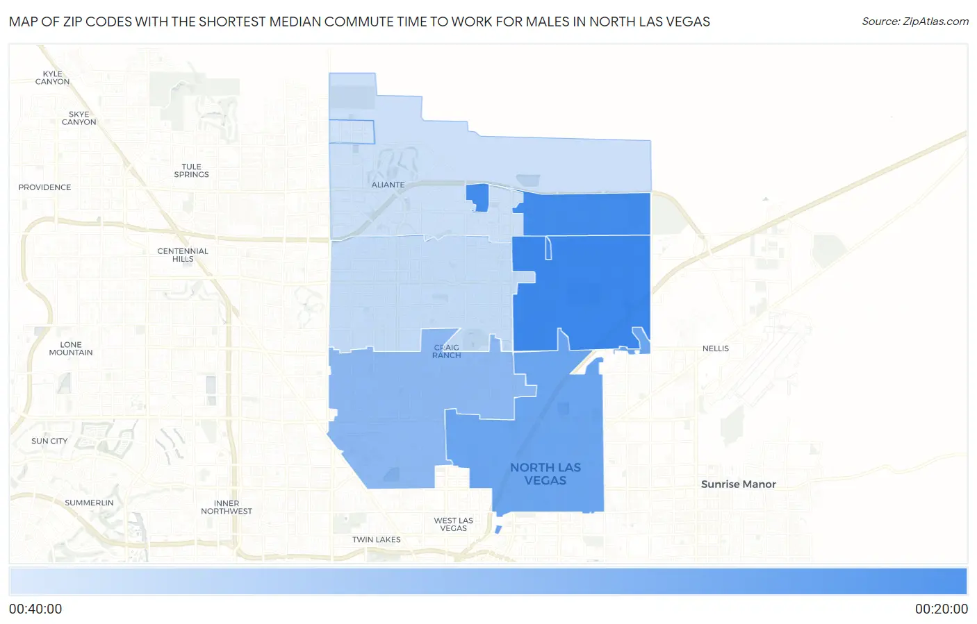 Zip Codes with the Shortest Median Commute Time to Work for Males in North Las Vegas Map