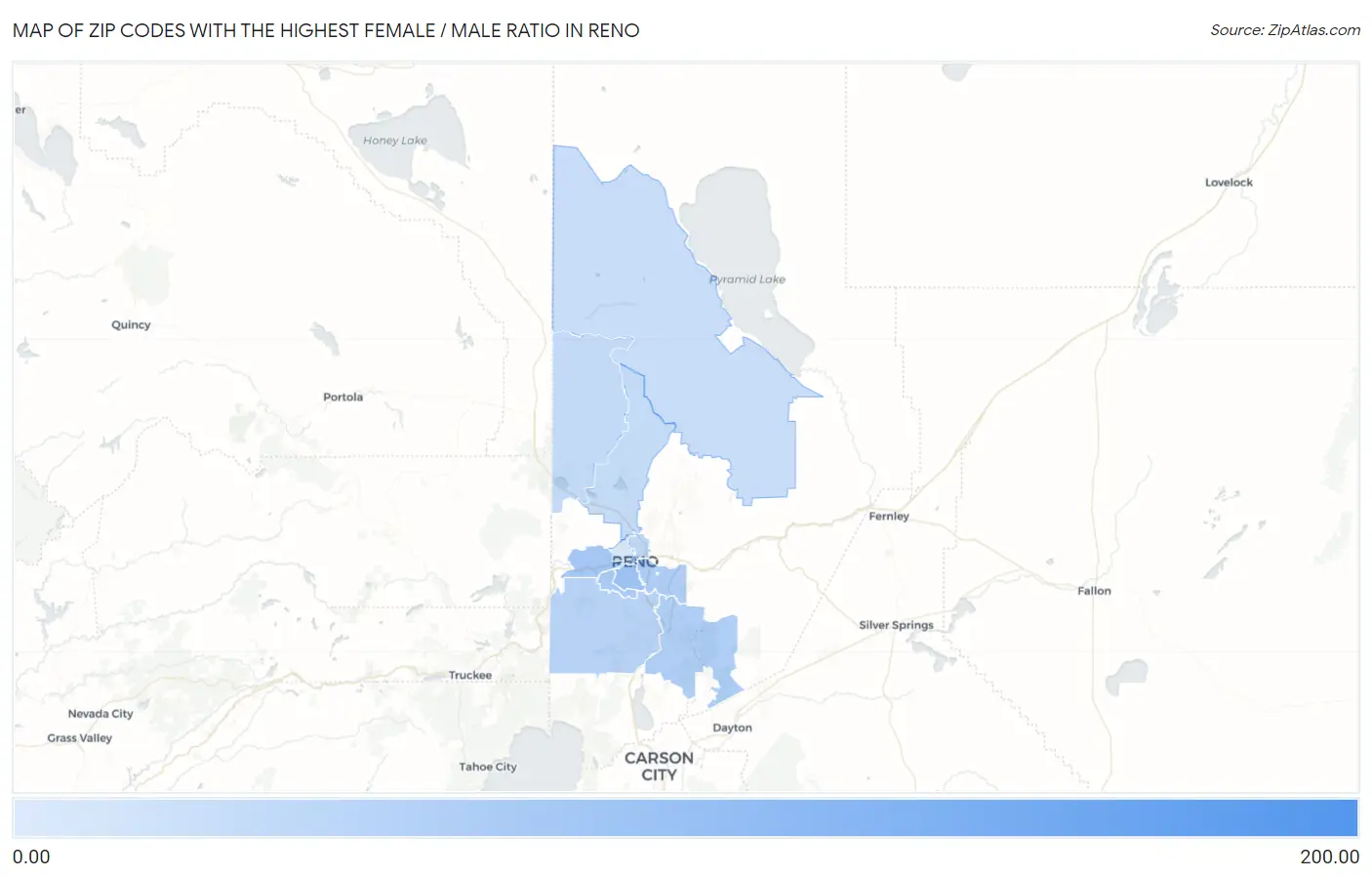 Zip Codes with the Highest Female / Male Ratio in Reno Map