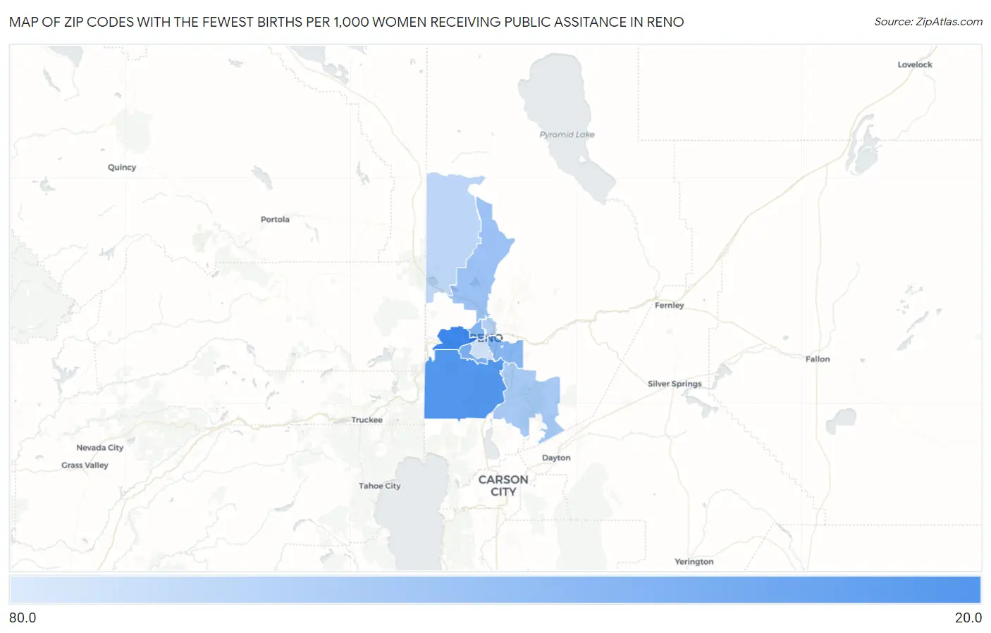Zip Codes with the Fewest Births per 1,000 Women Receiving Public Assitance in Reno Map