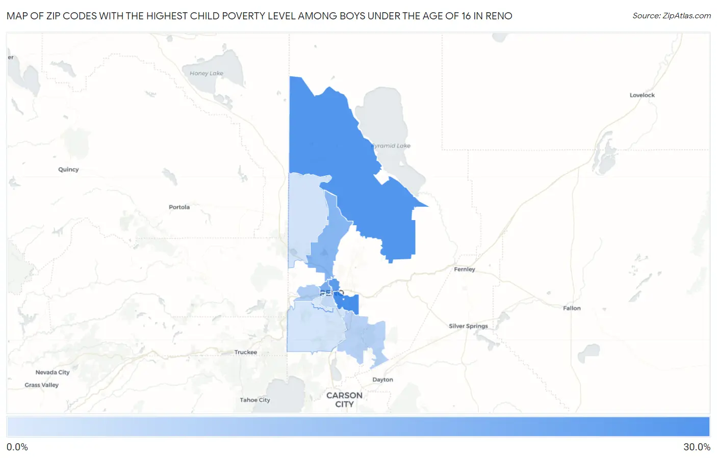 Zip Codes with the Highest Child Poverty Level Among Boys Under the Age of 16 in Reno Map