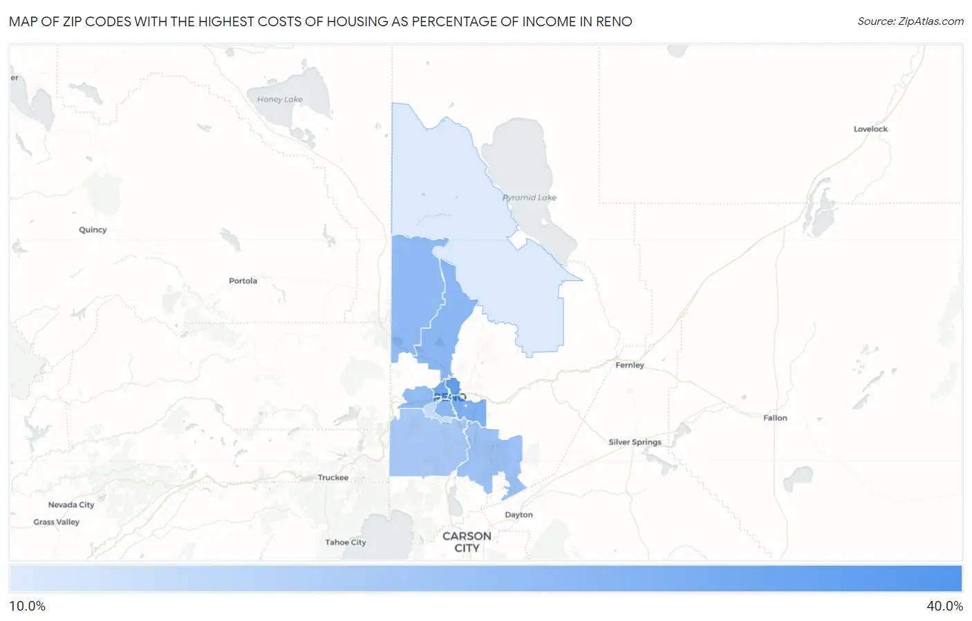 Zip Codes with the Highest Costs of Housing as Percentage of Income in Reno Map