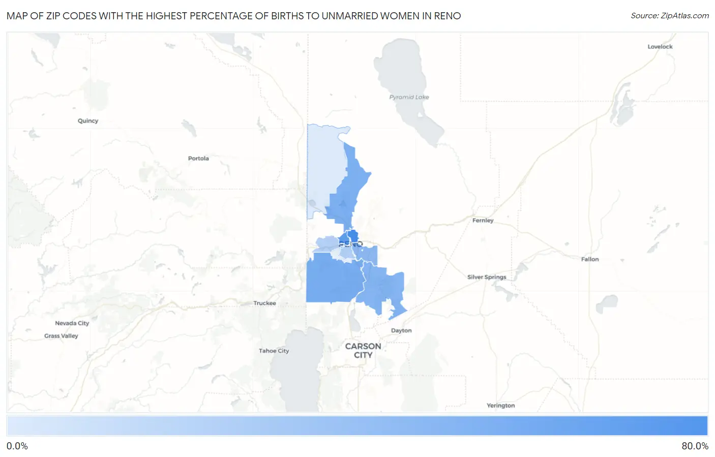 Zip Codes with the Highest Percentage of Births to Unmarried Women in Reno Map